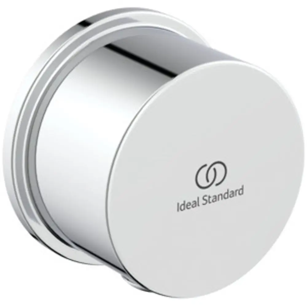 Runder, glänzender Bedienknopf in Chromoptik mit dem Logo von Ideal Standard, geeignet für eine moderne Armatur.